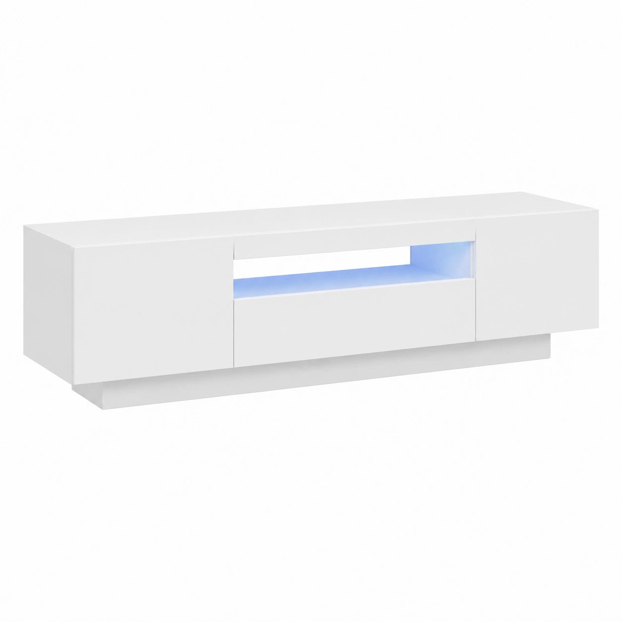 Meuble TV moderne avec éclairage LED, blanc, 160x35x40 cm, étagères intégrées