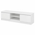 Meuble TV bas moderne avec portes et compartiments ouverts, blanc mat