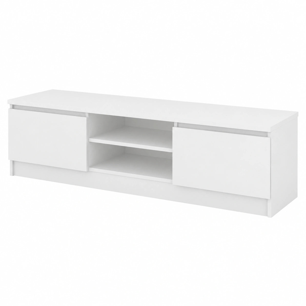 Meuble TV bas moderne avec portes et compartiments ouverts, blanc mat