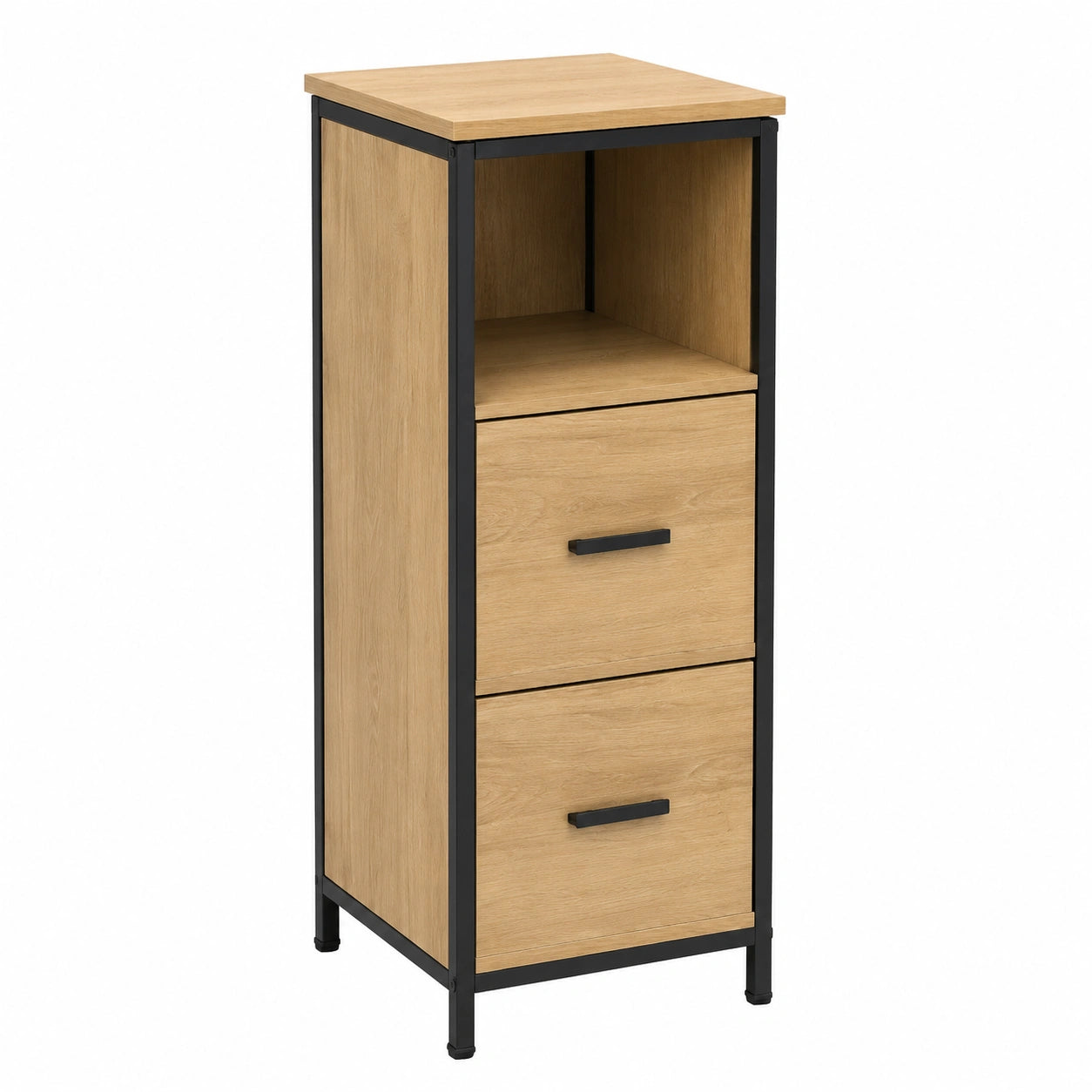 Armoire de Salle de Bain avec Compartiment Ouvert et Tiroirs, 30x30x80 cm, Noir et Chêne Clair