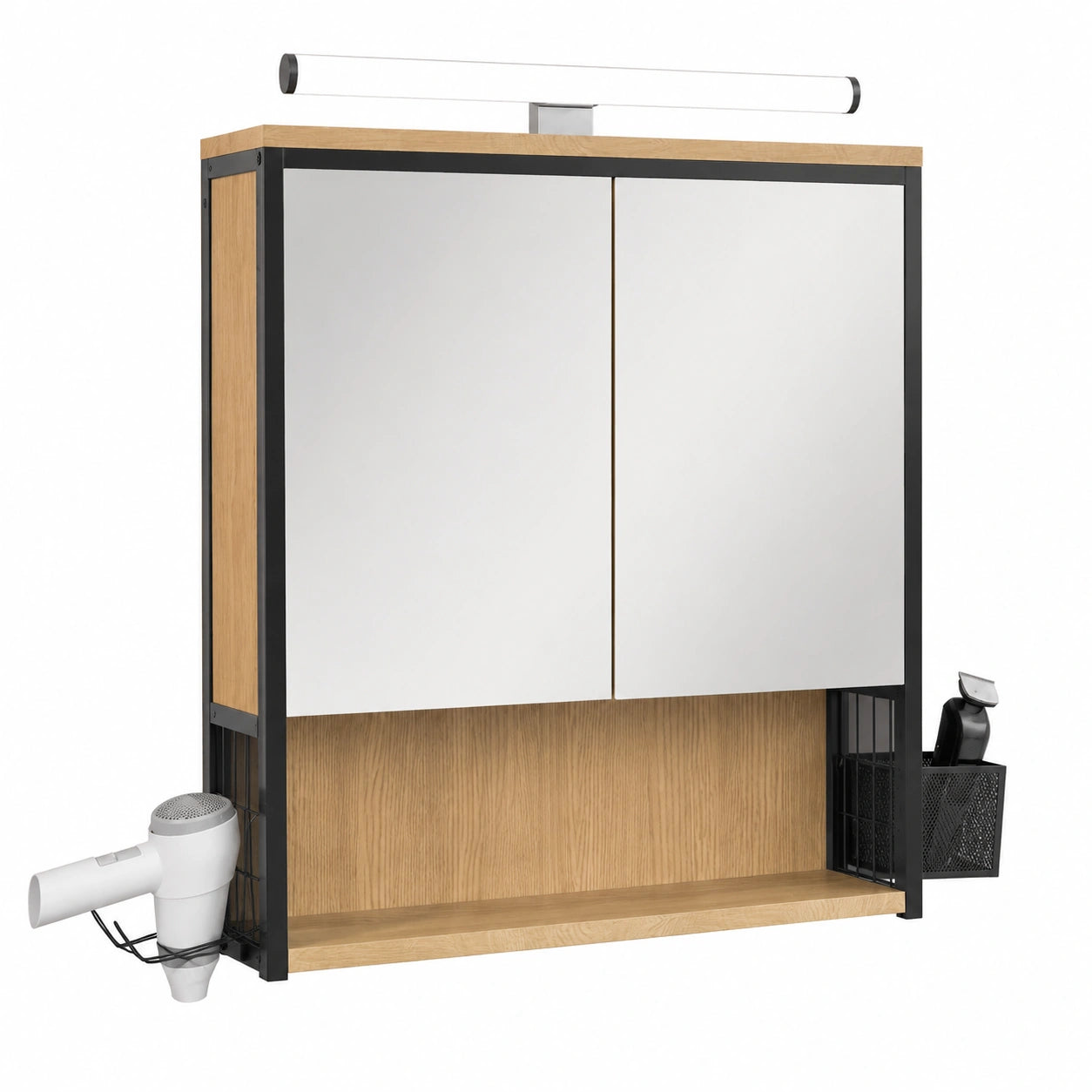 Armoire Murale de Salle de Bain avec Miroir et LED, Étagère Réglable, Support Séche-Cheveux