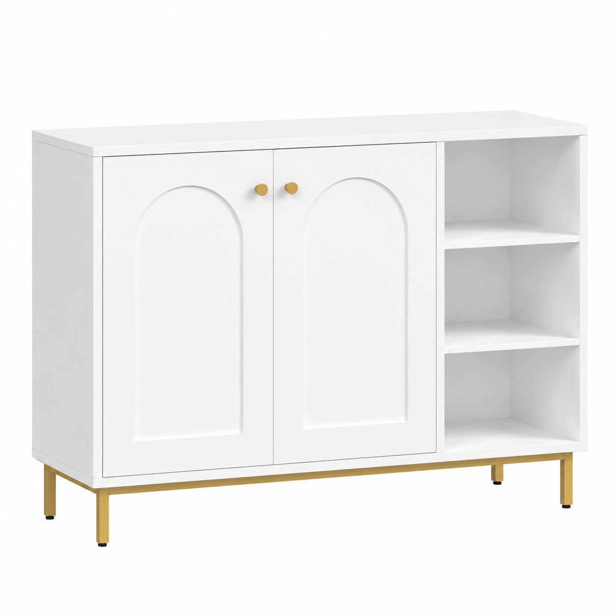Armoire de Rangement Salle de Bain avec Portes et Compartiment Ouvert, Blanc-Or