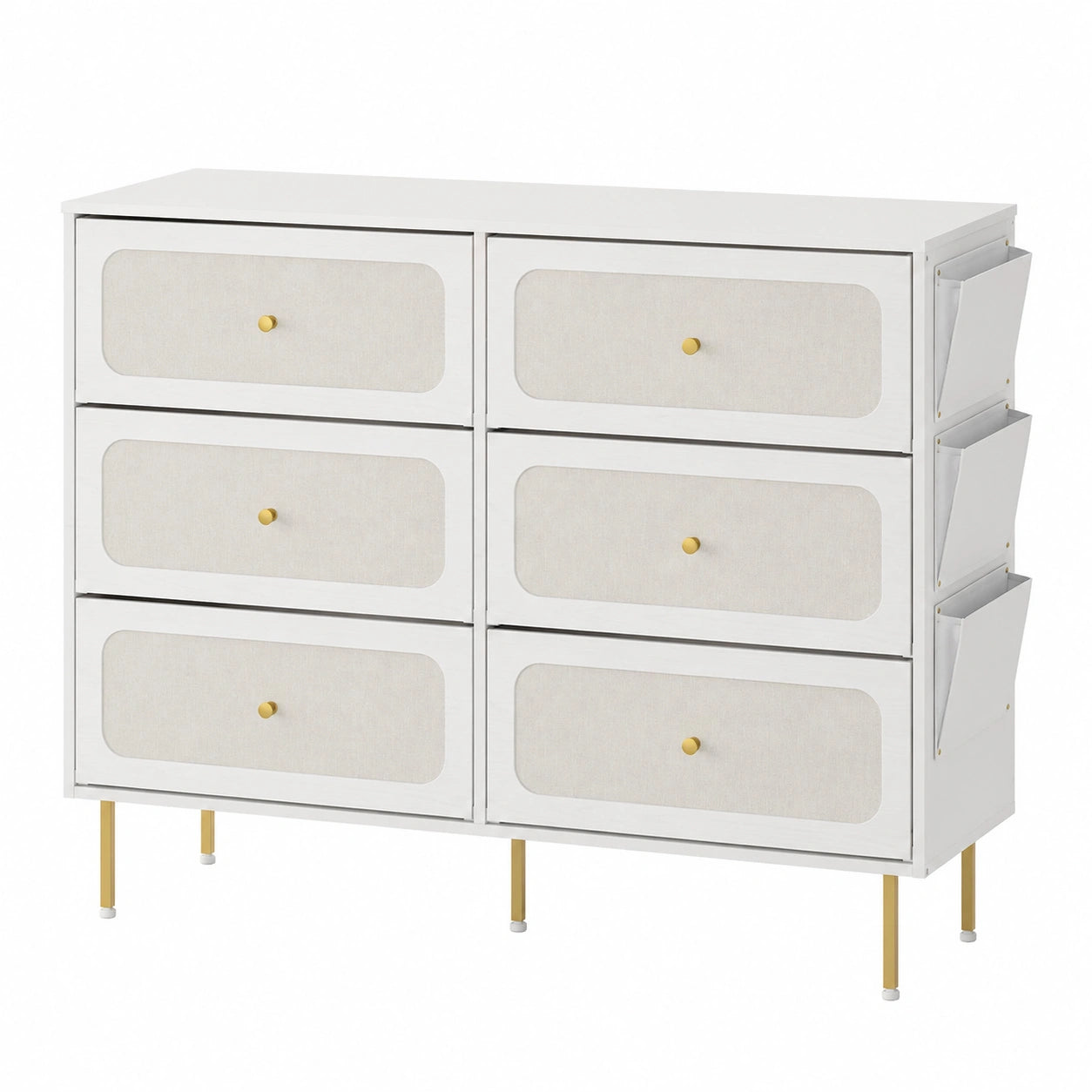 Commode moderne 6 tiroirs en tissu, cadre métallique, blanc et or