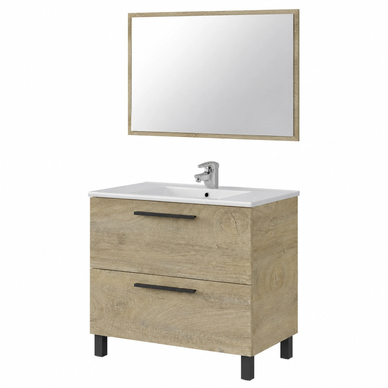 Meuble de salle de bain avec tiroirs et miroir, finition chêne